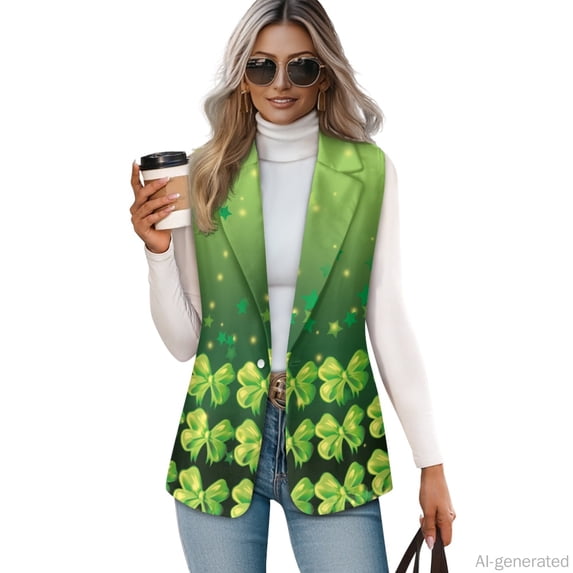 Chririnla St. Patrick's Women's Sleeveless Suit Vest Featuring Green Clover Bow, Slim Fit Woven Waistcoat for Work and Spring Casual Wear