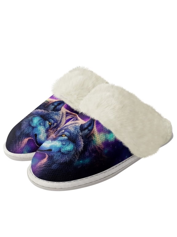 Starry Sky Wolf Print Plush Slippers for Women Indoor Novelty Home Shoes Warm Bedroom Shoes with Anti-Skid Sole for Indoor & Outdoor