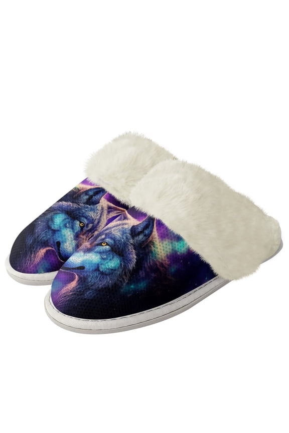 Starry Sky Wolf Print Plush Slippers for Women Indoor Novelty Home Shoes Warm Bedroom Shoes with Anti-Skid Sole for Indoor & Outdoor