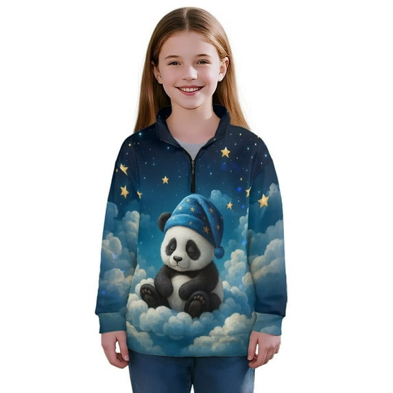 Chririnla Stars Panda Kids Half Zipper Sweatshirts Fall Winter Pullover Long Sleeve Lightweight Comfy Casual Loose Top for School Boys Girls Size 9-10