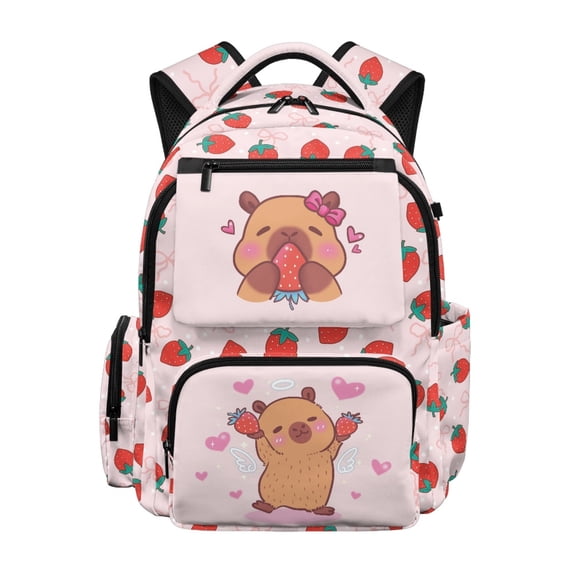 Chririnla Strawberry & Bow Polka Dot Pattern Comfortable School Bag for Travel Elementary, Lightweight Multi-Pocket Polyester Bookbag