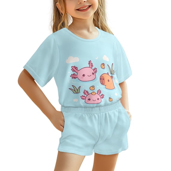 Chririnla Stretch Kids Summer Outfit 3-16 Years Comfy Kids Play Set for Child, Cartoon Axolotl & Capybara Print