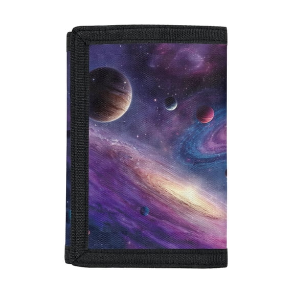 Chririnla Stretch Polyester Children's Wallet with Compact Foldable Kids Trifold Wallet for Sports, Galaxy Planet Pattern Toddler Wallet