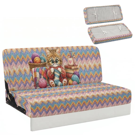 Chririnla Stretch RV Jackknife Sofa Covers Suitable for Camper Motorhome RV Folding Sofa Bed Cover Fit for Camper RV Sofa, Knitting Cat Zigzag Pattern