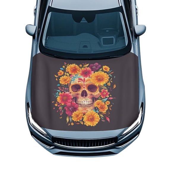 Chririnla Sugar Skull Daisy Car Hood Cover Universal Fit Hood Wrap UV Resistant Vehicle Decorations Removable Vehicles Accessories for All Weather Protection