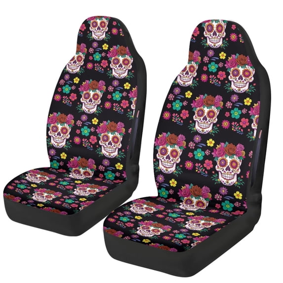 Chririnla Sugar Skull Floral Print, Washable Easy to Install Car Seat Covers Front Set Removable Protective Interior Accessory for Interior Accessories