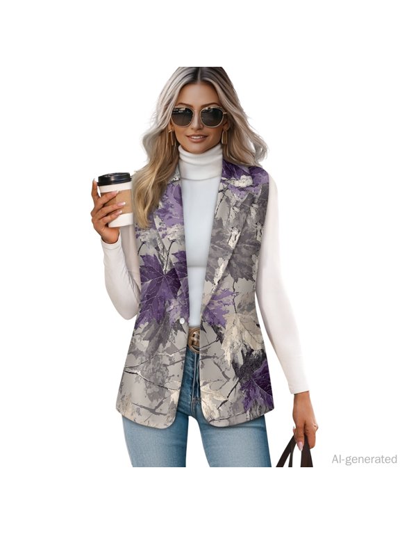 Summer Women's Waistcoat for Work, Woven Fabric Tailored Trendy V Neck Women's Sleeveless Suit Vest, Purple Maple Leaf Print