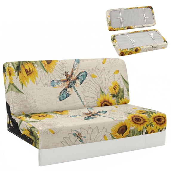 Chririnla Sunflower Dragonfly Easy Installation Stretchable 2 Piece RV Jackknife Sofa Couch Covers, Pet Friendly Slipcover Set for Camping Trips