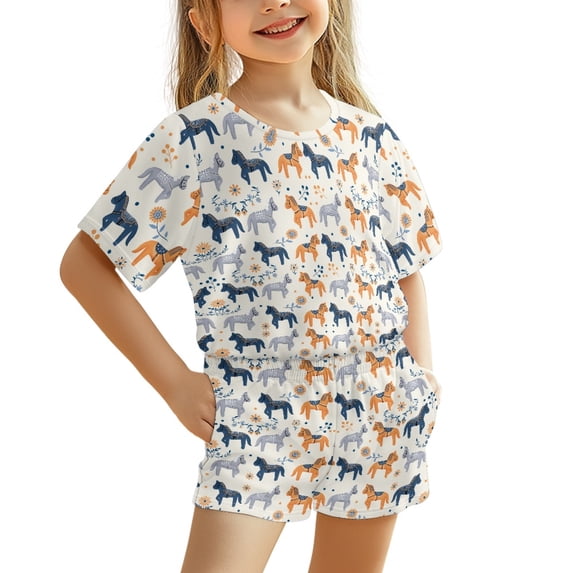 Chririnla Sunflower Horse Pattern Design Kids Summer Outfit Breathable with Pockets Short Fiber Jersey Kids Outfit 3-16 Years for Toddler