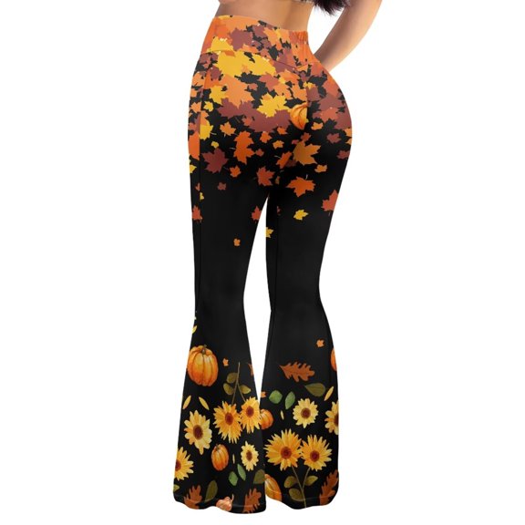 Chririnla Sunflower Maple Leaves Pumpkin High Waisted Tummy Control Wide Leg Bootcut Leggings for Women Thanksgiving Party Workout Stretchy Pants Casual Fall Soft Flare Leggings,XL