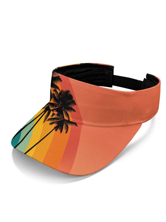 Sunset Palm Tree Print Sports Sun Visor Cap for Women, Polyester Fabric Adjustable Breathable Sports Sun Visor Hat for Running Jogging Golf