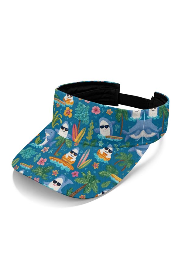 Surfing Shark Pattern Outdoor Sun Visor Cap, Adjustable Open Top Sun Visor Polyester Fabric Sun Protection Comfortable Fit Visor Hat for Walking Running Summer