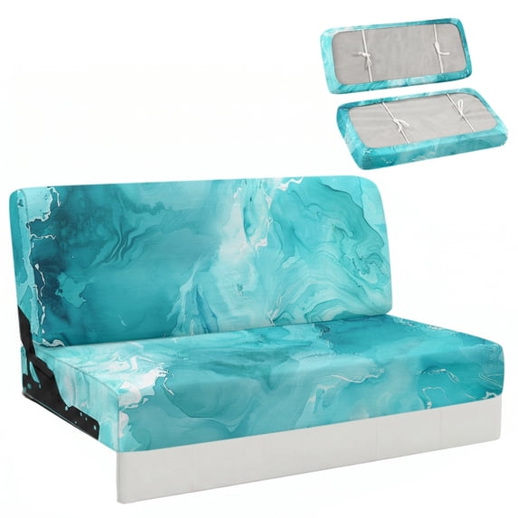 Chririnla Teal Marble Stretchy 2 Piece Bench Cover, Elastic Non Slip Slipcover Set for Jackknife Sofa Bed, Pet Scratch Resistant for Travel Trips