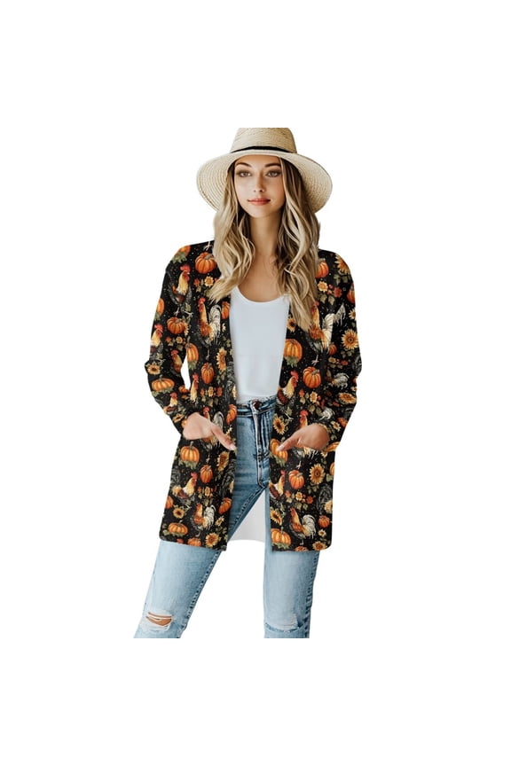 Thanksgiving Chicken Rooster Sunflower Pumpkin Cardigan Sweater with Pockets Lightweight Cardigans Long Sleeve Open Front Sweaters Flowy Tops Fall Elegant Coat for Women Girls
