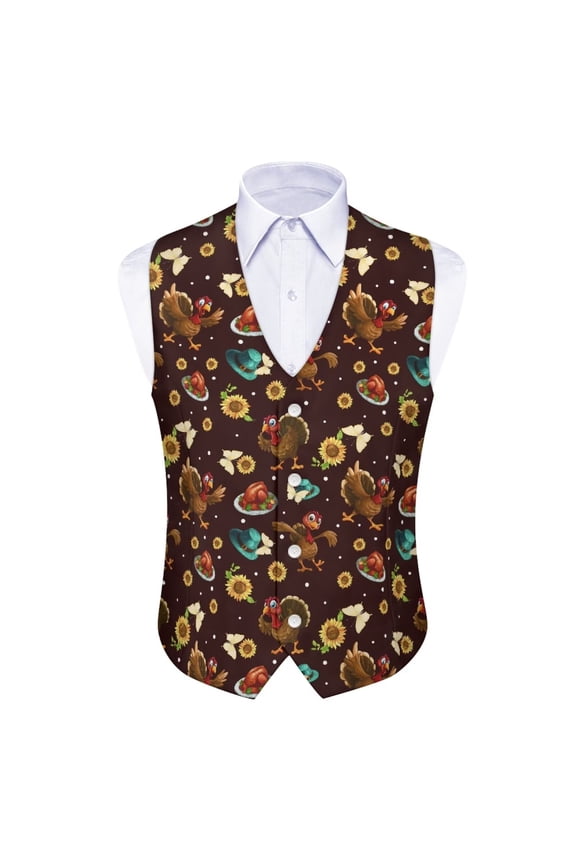 Thanksgiving Turkey Print Suit Vest for Men Sleeveless Waistcoat Jacket Mens Blazer Vest Jackets V Neck Dressy Top Vests for Suit or Tuxedo