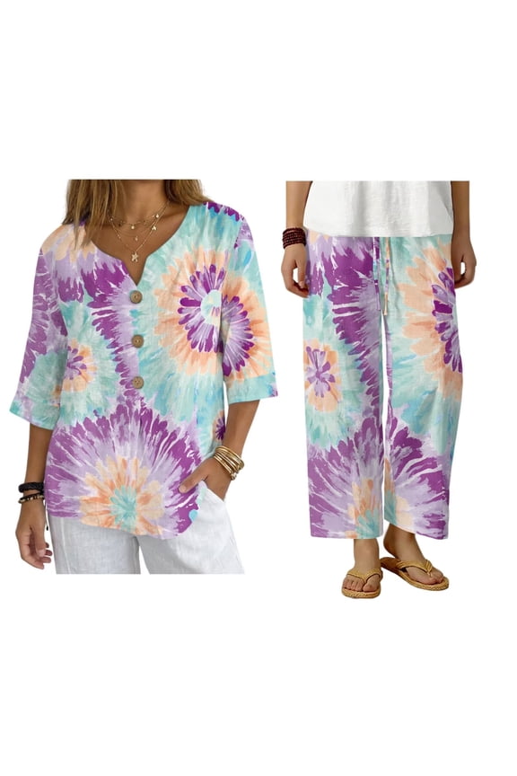 Tie Dye Print Women’s 2Piece Linen Shirts or Pants Summer Linen Outfit Trendy 2026 Matching Loungewear for Ladies Vacation Beach Travel Airport Outfits