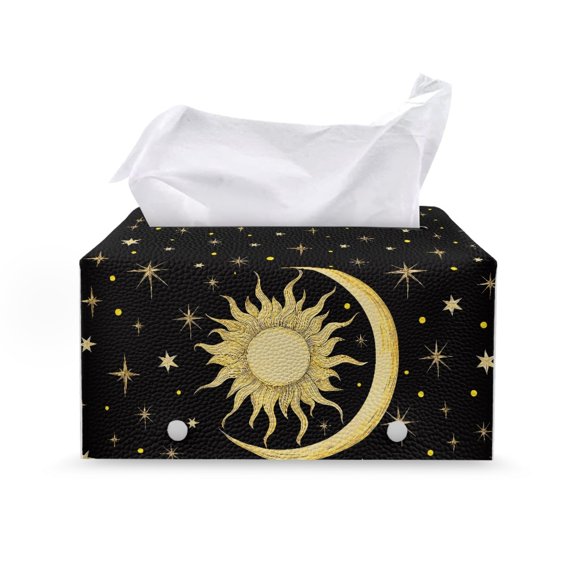 Chririnla Tissue Box Cover, Sun Moon Star Pattern with Buttons Home Decor Rectangle Tissue Box Cover for Home Office, PU Leather Cuboid Box Organiser
