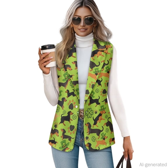 Chririnla Trendy Waistcoat for Work Going Out, Woven Fabric Loose Loose Fit Business Blazer Vest, St. Patrick's Day Dachshund & Four-Leaf Clover Pattern