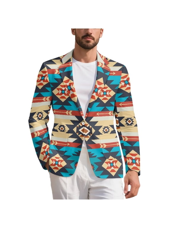 Tribal African Aztec Stripe Men's Long Sleeve Blazer Open Front Western Suit Jacket Work Office Notch Lapel Collar Blazer with Pockets