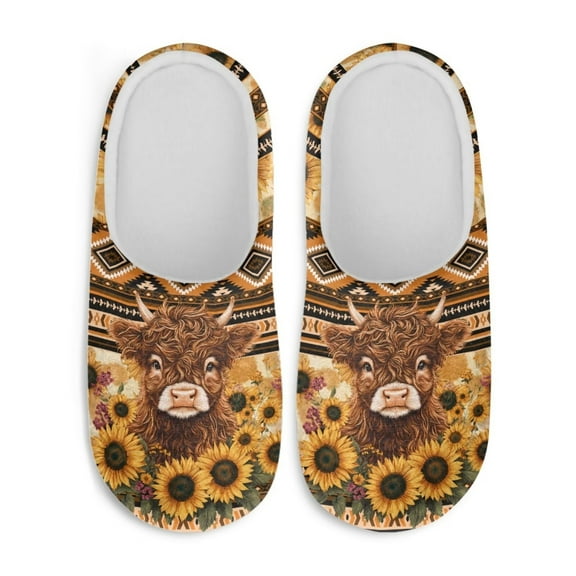 Chririnla Tribal Highland Cattle Sunflower Unisex Slippers Soft Plush Fuzzy Warm Anti-slip Rubber Sole Cozy Comfy Lightweight Indoor Travel Slippers