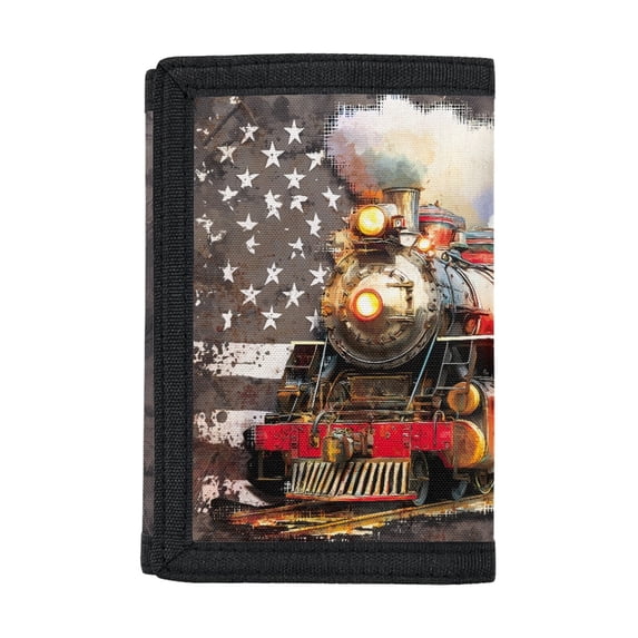 Chririnla Trifold Card Wallet with American Flag Train Design, Elastic Polyester Foldable Slim Pouch for Kids Daily Use and Outdoor Travel