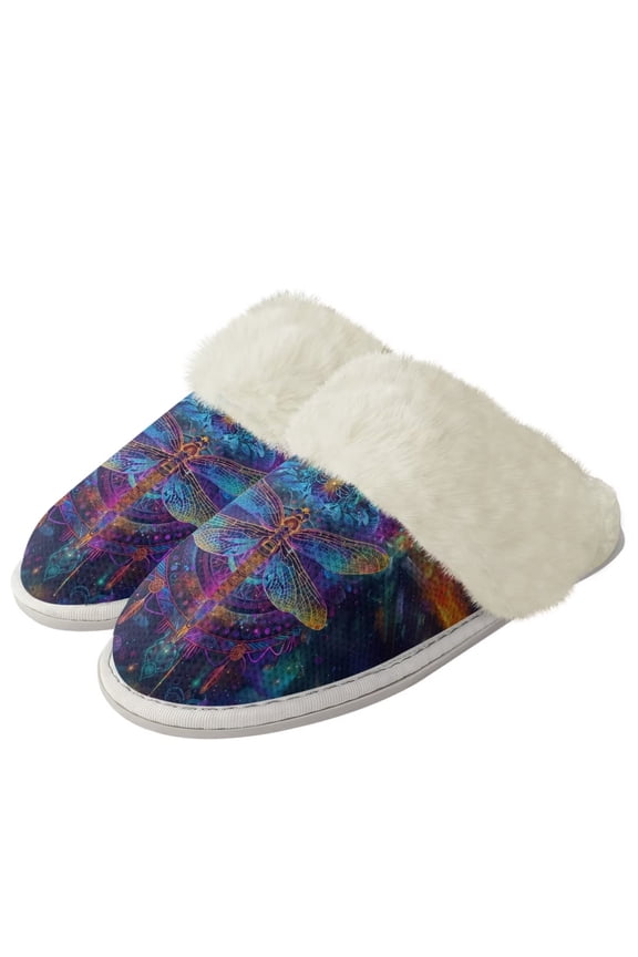 Trippy Aesthetic Dragonfly Fuzzy House Shoes for Women Plush Bedroom Shoes with Fur Edges Warm House Shoes Bedroom Plush Slippers
