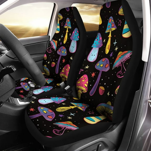 Chririnla Trippy Mushroom Galaxy Print Car Front Seat Covers Full Set of 2, Waterproof Stretchy Automotive Interior Accessories Universal Fit Most Vehicles