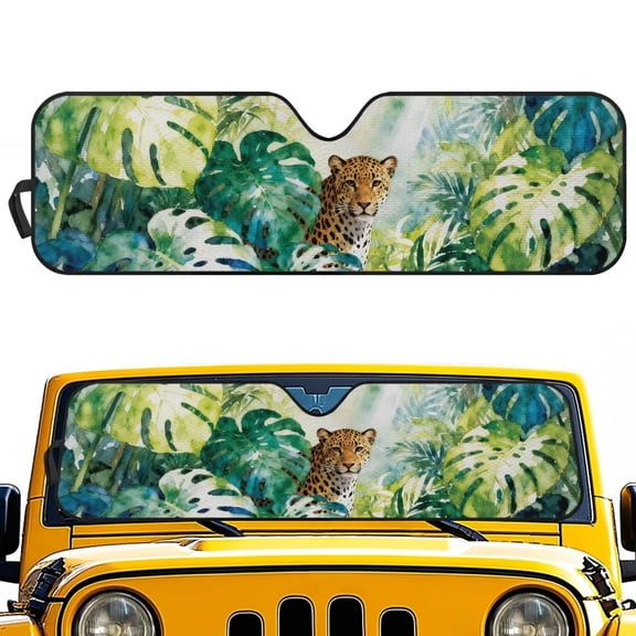 Chririnla Tropical Forest Cheetah Windshield Sunshade Sun Shade Heat Shield Sun Visor Mat Compatible with Rubicon Sahara TJ JK JKU 2 & 4 Door Front Window Sunshade Keep Cooler