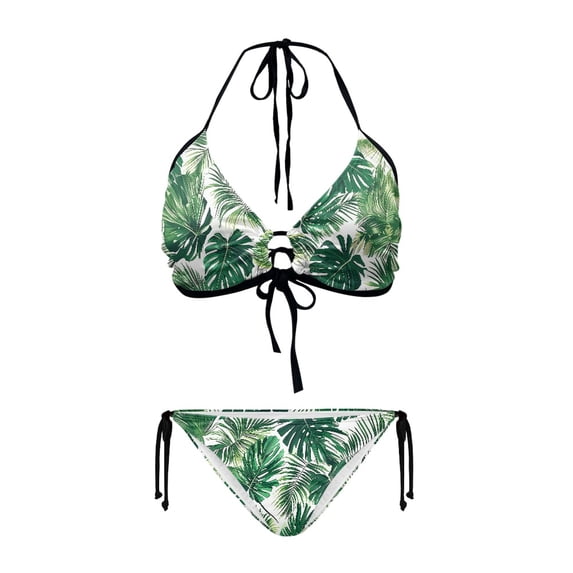 Chririnla Tropical Palm Leaf Halter Triangle Bikini Set Sexy Tie Side Two Piece Swimsuit for Beach Vacation Pool Party Quick Dry & Figure Hugging