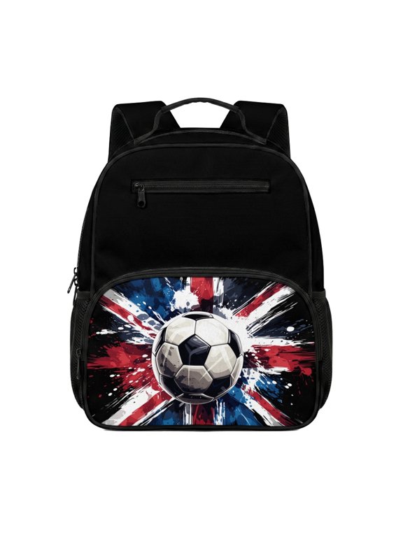 UK Flag Soccer Ball Side Mesh Pockets Backpacks for Kindergarten Daily, Wearproof Preschool Kids Polyester School Backpack