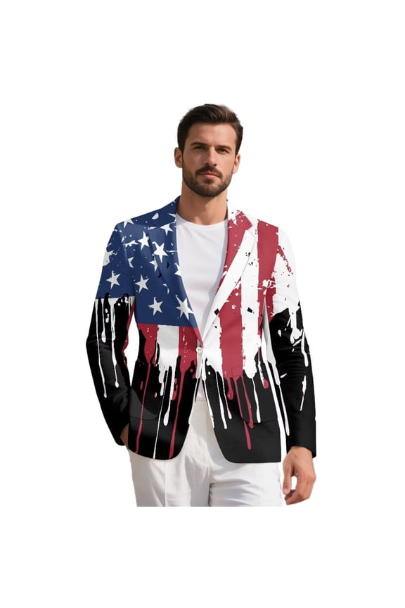 US Flag Blazer Men's Casual Sport Coat Lightweight Patriotic Party Blazer One Button Business Suit Jackets for Independence Day Size S-5XL