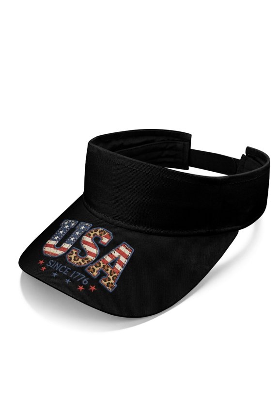 US Flag Leopard Print Adjustable Strap Sun Visor Cap, Polyester Fabric UV Protection Sun Visor Hat Open Top Open Top Sun Visor for Unisex