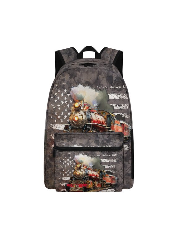 US Flag Steam Train Schoolbag for Girls Boy, Kids Backpack with Front Pocket,Students Backpack for Kindergarten,Primary,Middle School