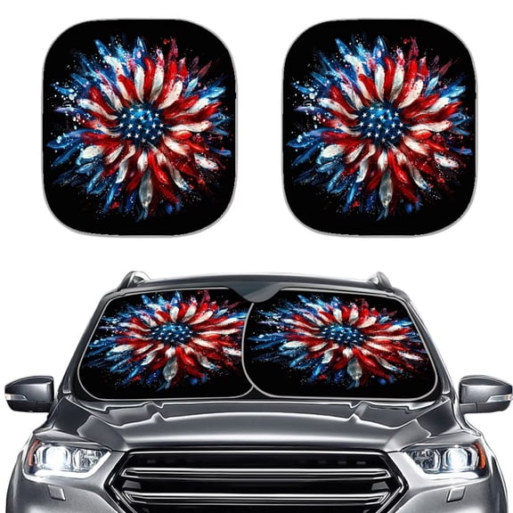 Chririnla USA Flag Daisy Car Front Window Sunshade 2 Pack Foldable Oil Paint Vehicle Sun Shield UV Reflector Automotive Interior Sun Visor Protector Perfect for Weekend & Daily Use