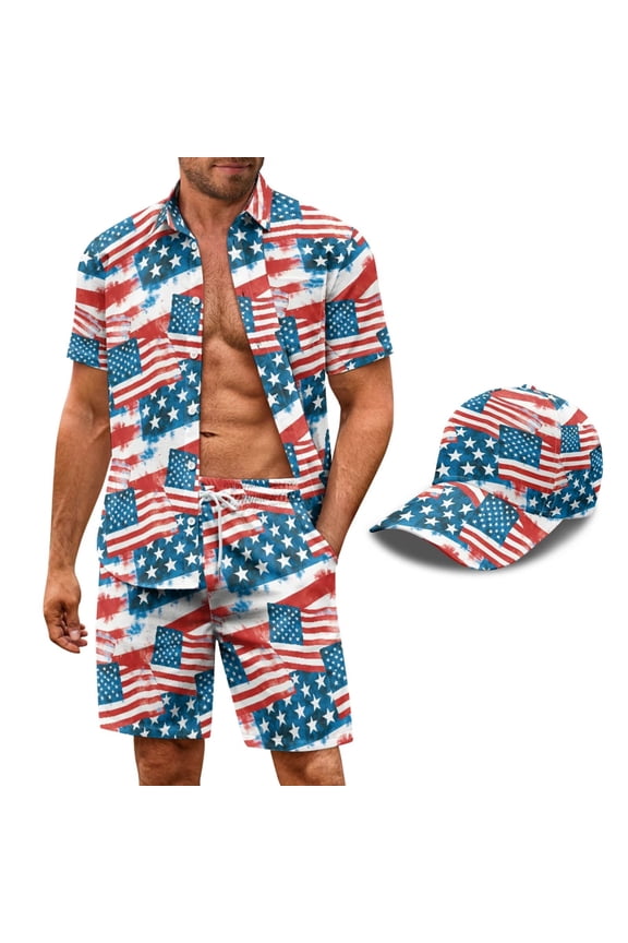 USA Flag Pattern Men’s Beach Outfit,2Piece Shorts Sets,Patriotic Button Down Shorts Sleeve Shirts and Shorts Matching Hats for 4th of July Anniversary