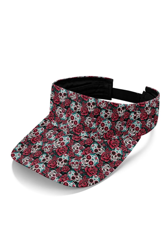 UV Protection Polyester Fabric Golf Visor Hat for Hiking Walking, Breathable Open Top Lightweight Sun Visor Hat, Mexican Sugar Skulls Roses Day of the Dead