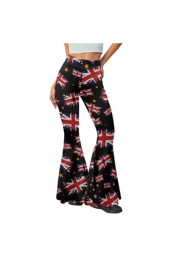 Union Jack British Flag Print Tummy Control Workout Flare Leggings for Women High Waist Yoga Pants Bell Bottom Wide Leg Leggings for Party,2XL
