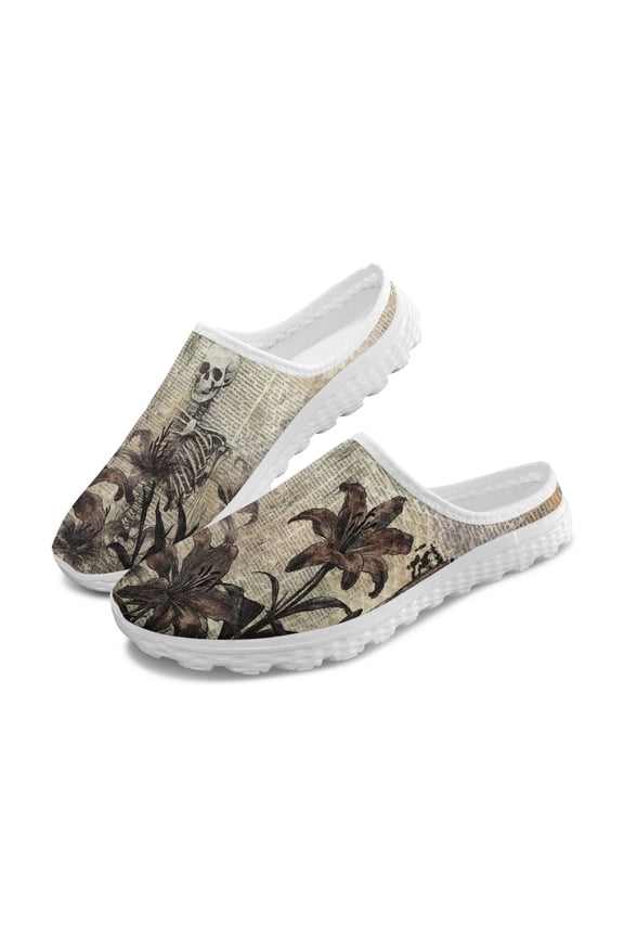 Unisex Breathable Mesh Slip On Clogs | Skeleton Lily Print | Lightweight EVA Sole Summer Walking Shoes