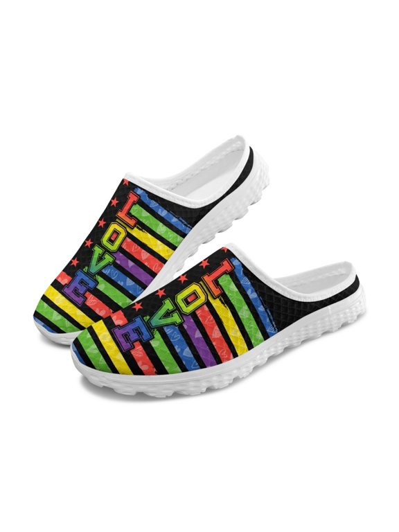Unisex Rainbow Love Mesh Slip On Clogs - Breathable Lightweight Summer Comfort Shoes for Indoor Outdoor