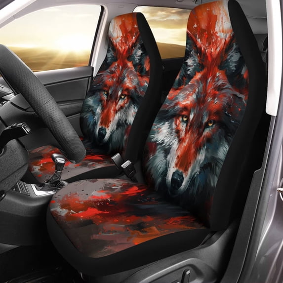Chririnla Universal Red Art Wolf Print Front Seat Cover Set of 2, Washable Soft Seat Protector, Vehicle Seat Protector Car Covers for Auto Sedan SUV Truck Auto Accessories
