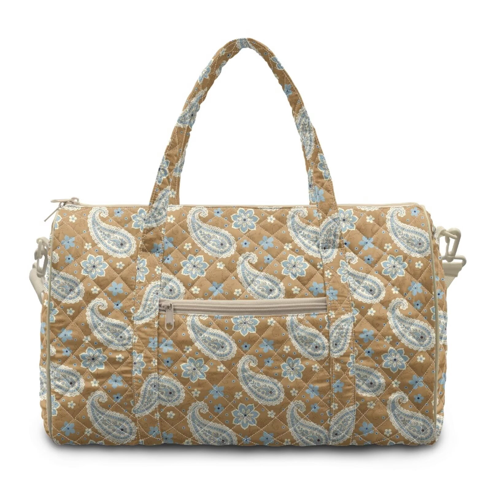 Chririnla Versatile Weekender Bag for Unisex Multi-Functional Gym Bag with Quilted Fabric & Luggage Handle Strap Fits Under Seat, Brown Paisley Print