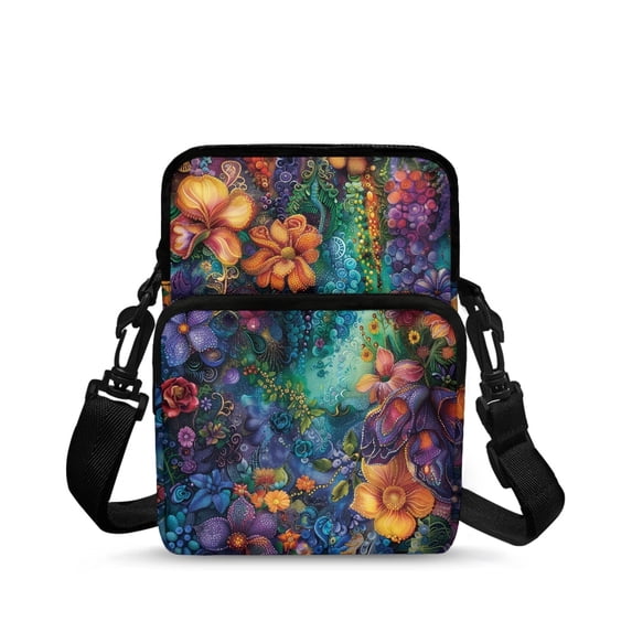 Chririnla Vibrant Mixed Floral Zipper Crossbody Bag, Polyester Lightweight Sling Shoulder Bag for Casual Running and Daily Travel
