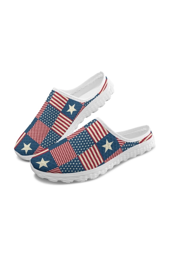 Vintage American Flag Patchwork Mesh Slip On Clogs - Breathable Lightweight Summer Casual Shoes for Unisex