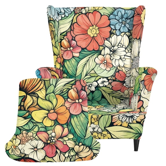 Chririnla Vintage Boho Floral Print 2 Piece Wing Chair Slipcovers, Soft Washable Single-Seat Wingback Armchair Covers Spandex Wingback Chair Slipcover for Living Room Home