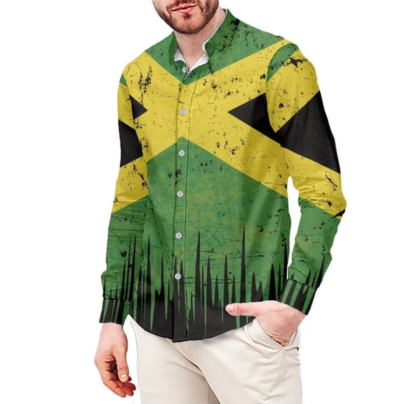 Chririnla Vintage Jamaican Flag Men's Long Sleeve Shirt Regular Fit Shirts with Long Sleeve Button Down Formal Shirt Patriotic Business Shirts M-3XL