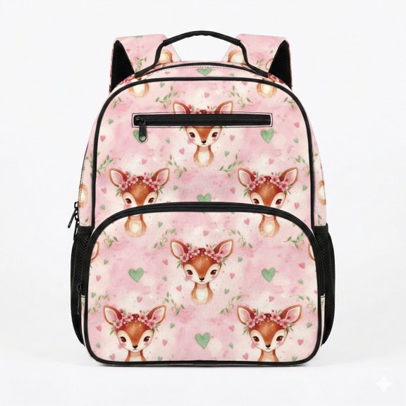 Chririnla Watercolor Floral Deer Pattern Preschool Backpack for Boys, Polyester 2 Front Pockets Toddler Preschool Polyester Backpack for Travel Activities