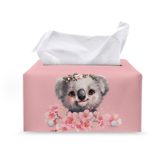 Chririnla Watercolor Koala with Floral Wreath & Pink Blossoms Print Tissue Box Cover, Easy to Clean Rectangle Tissue Box Cover Bottom Belt Waterproof Cuboid Tissue Holder for Home Night Stands