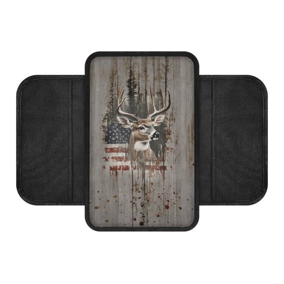 Chririnla Wear-Resisting Car Center Console Cover for Van, Non-Slip Auto Center Console Cover Polyester Fabric Car Center Console Cushion Pad Buck Deer American Flag