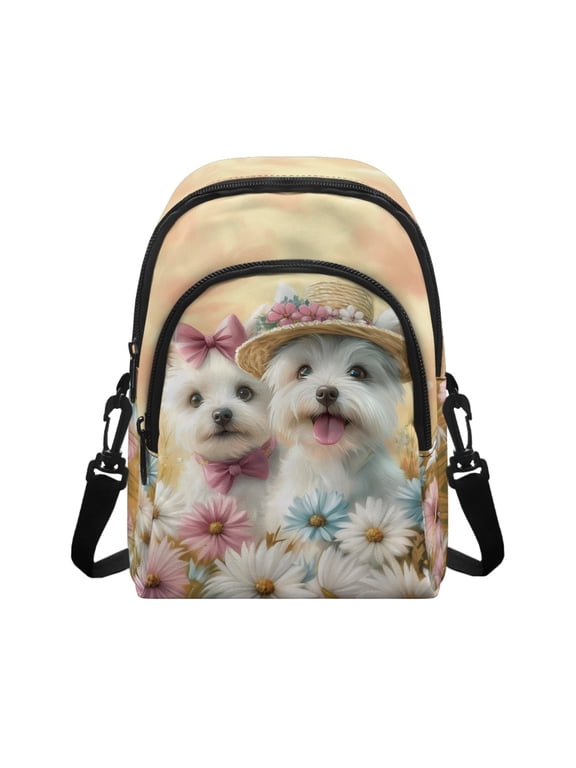 West Highland Terriers & Floral Print Small Crossbody Wallet for Daily Use Sports, Adjustable Strap Small Sling Backpack Polyester Anti Theft Design Crossbody Bag