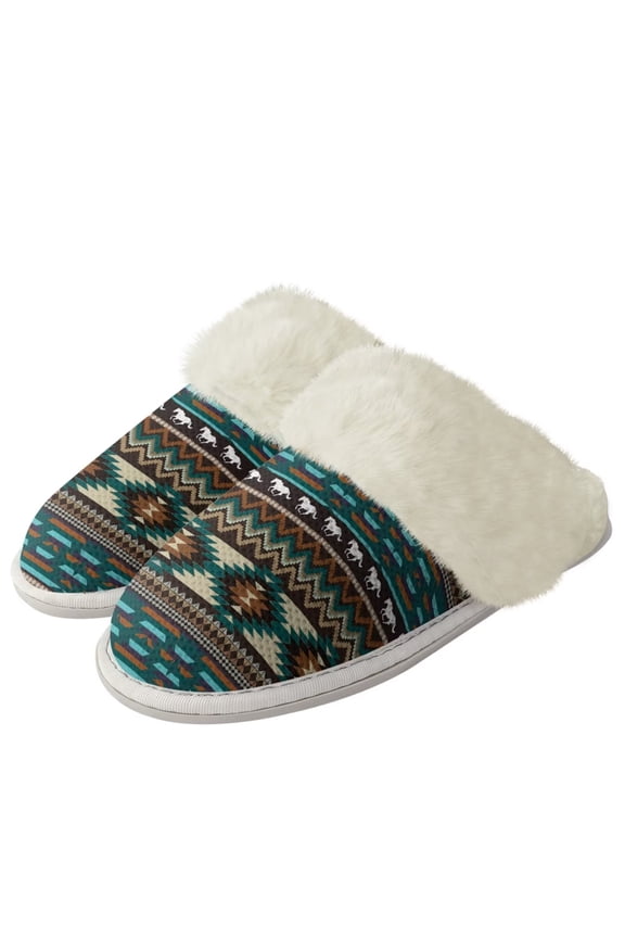 Western Horse Tribal Aztec Plush House Shoes for Women Fuzzy House Slippers with Anti-Skid Sole, Warm Closed Toe Sneaker Slippers